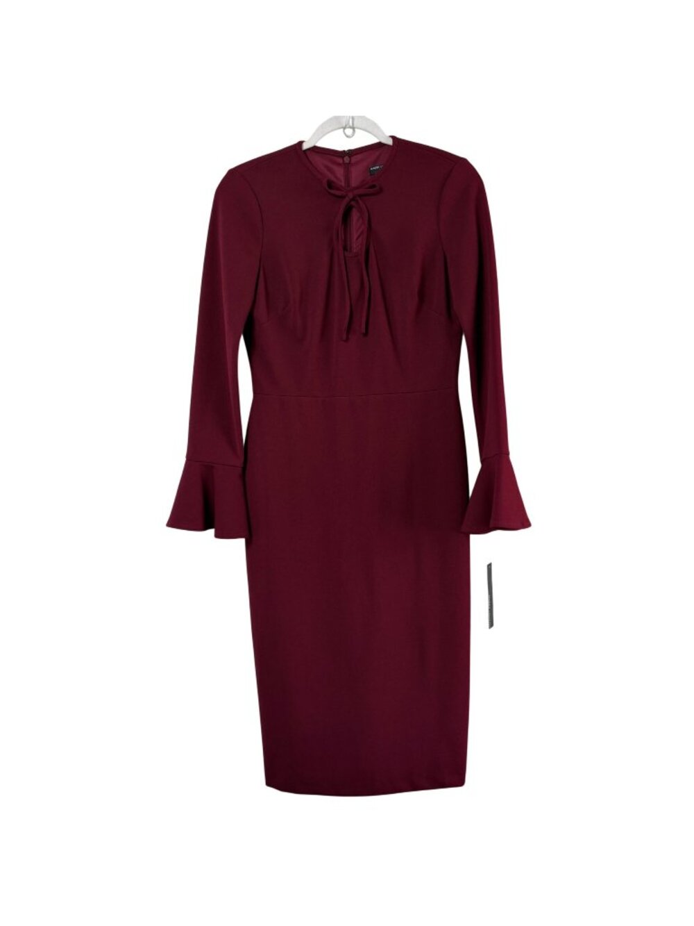 Maggy London Midi Dress Size 4 Wine Red Bell Sleeve Keyhole Tie Neckline NWT